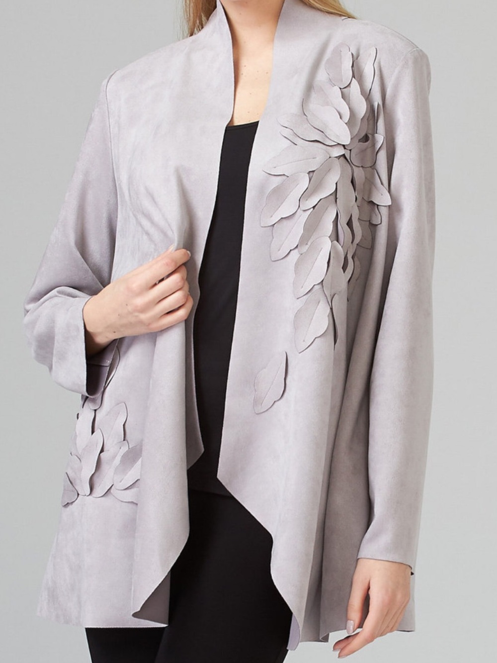 Simply Couture  Light Gray Floral Appliqué Open Front Jacket